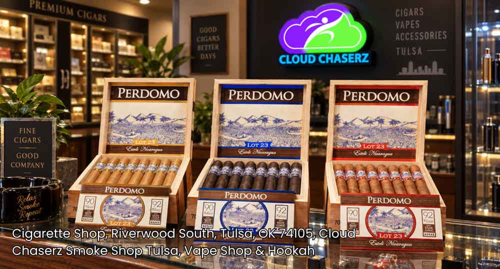 Wooden boxes of premium rolls on display counter at Cloud Chaserz, a top-rated local cigarette shop Tulsa offers.