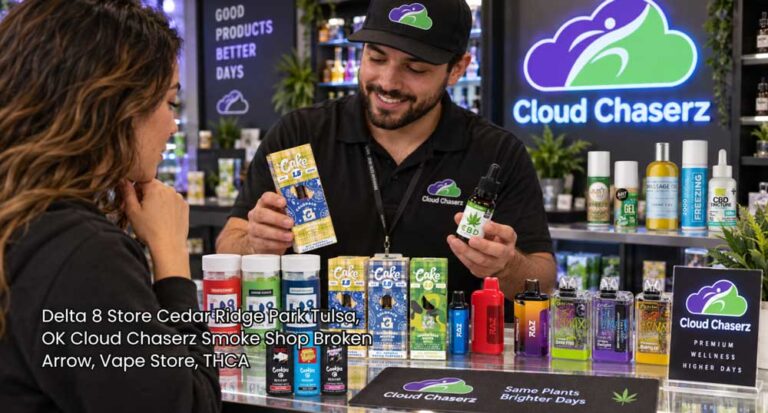 A customer getting personalized hemp advice from staff at Cloud Chaserz, a top delta 8 store Broken Arrow shoppers trust.
