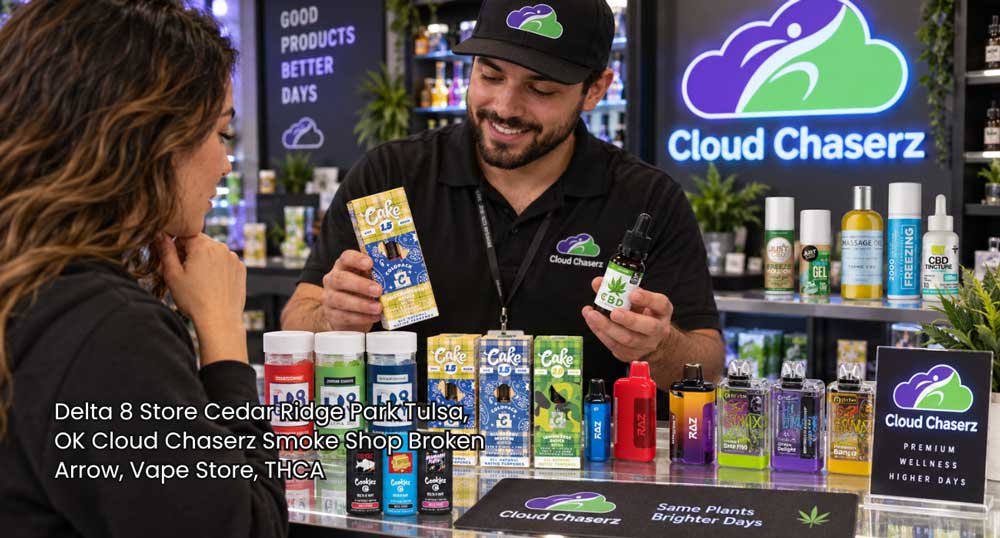 A customer getting personalized hemp advice from staff at Cloud Chaserz, a top delta 8 store Broken Arrow shoppers trust.