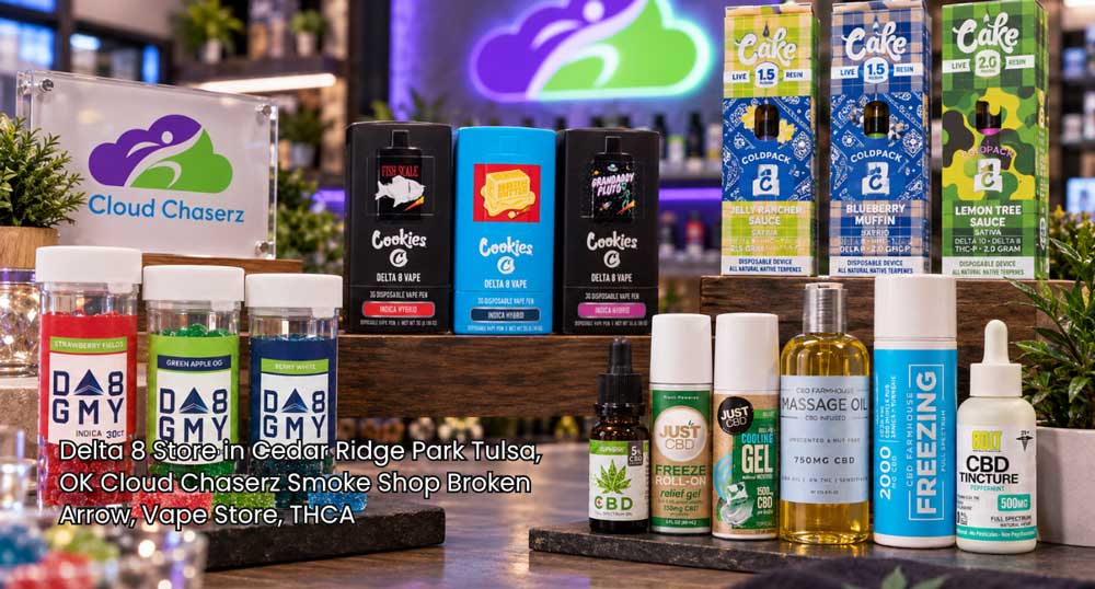 A full lineup of hemp gummies, vapes, and oils on counter shelves at a premier delta 8 store Broken Arrow locals rely on.