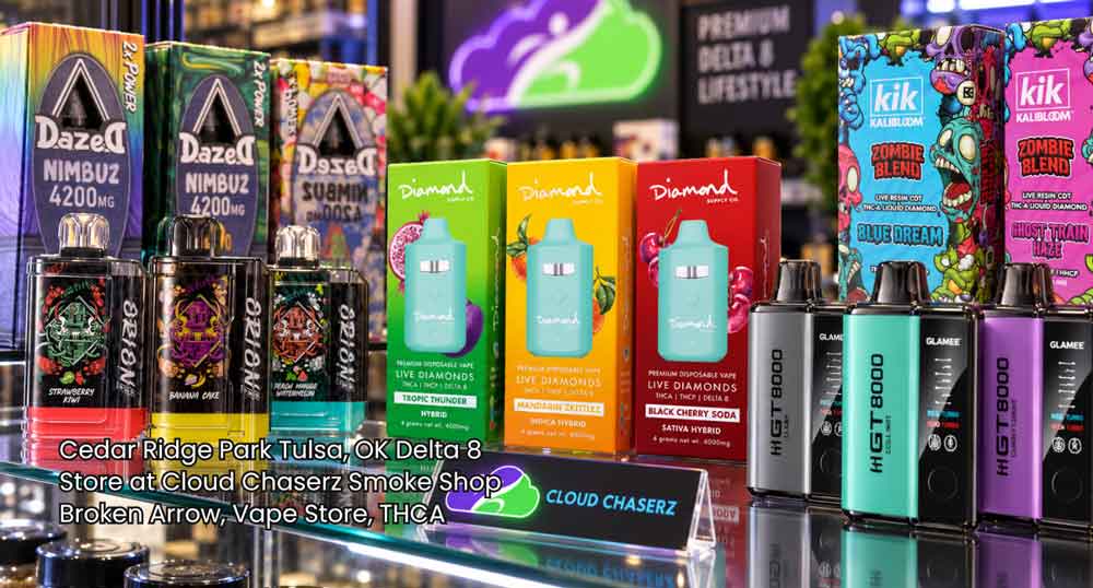 Premium disposable vapes and hemp cartridges arranged on a showcase counter at a local delta 8 store Broken Arrow offers.