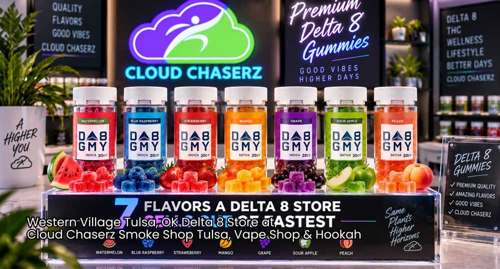 Display of 7 colorful hemp fruit gummy bottles on a glass counter inside a top-rated delta 8 store Tulsa.