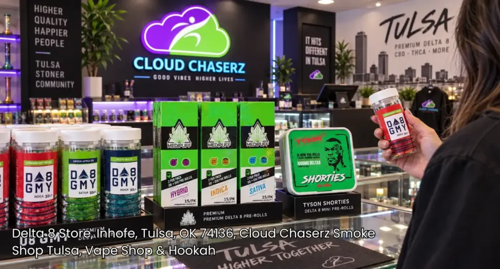 Premium Delta 8 gummies, pre-rolls, and Tyson Shorties displayed at a top delta 8 store tulsa shop counter. 