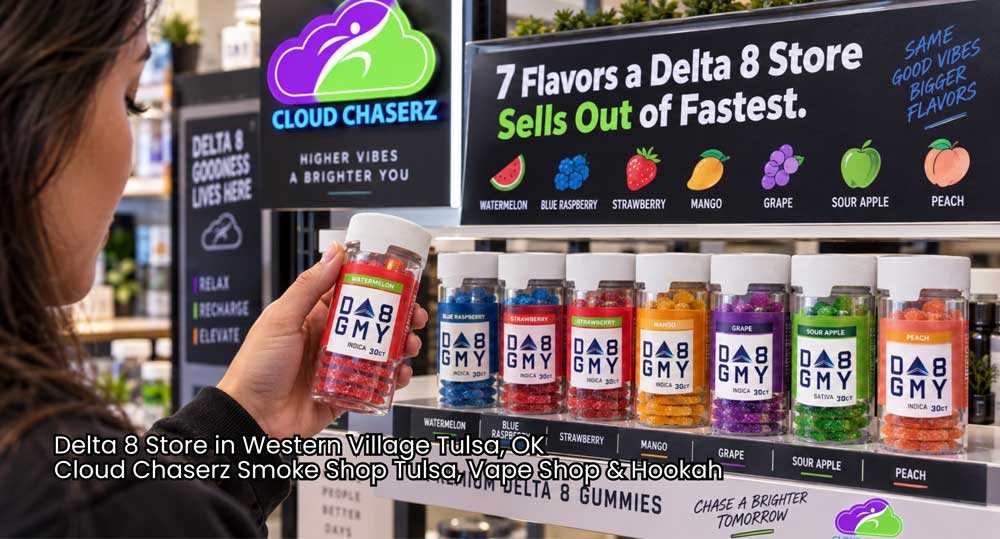 Shopper choosing a jar from a shelf display featuring 7 fruit-flavored gummies at a delta 8 store Tulsa.
