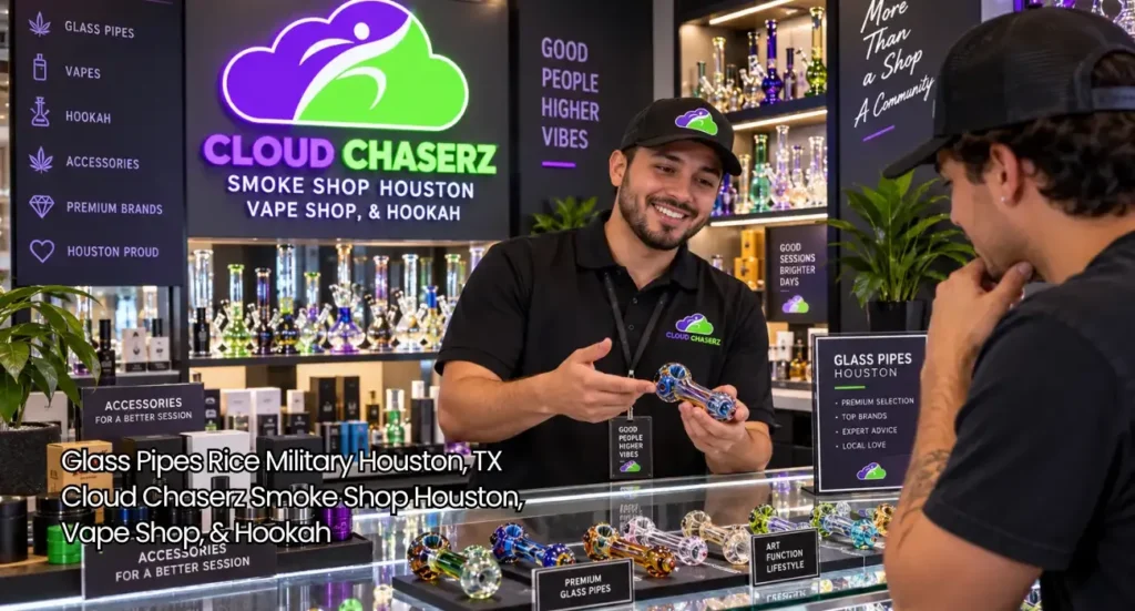 A friendly store clerk showing colorful hand-blown glass pipes Houston customers love at a local shop counter.
