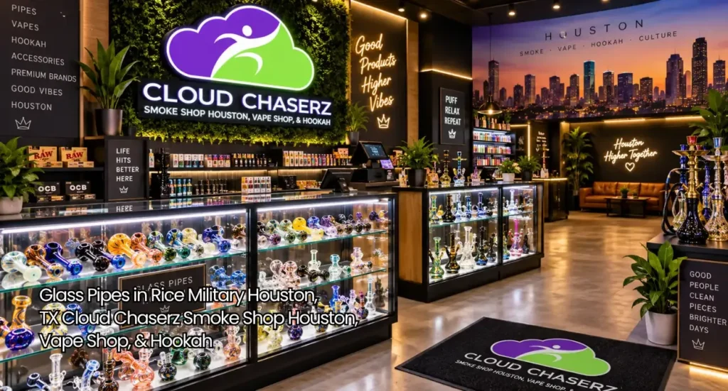 Illuminated display cases filled with handcrafted bongs and glass pipes Houston shoppers browse in Rice Military. 