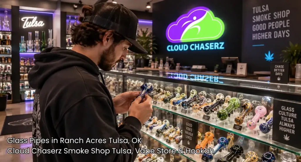Customer examining colorful handblown glass pipes Tulsa selection inside Cloud Chaserz Smoke Shop display case. 