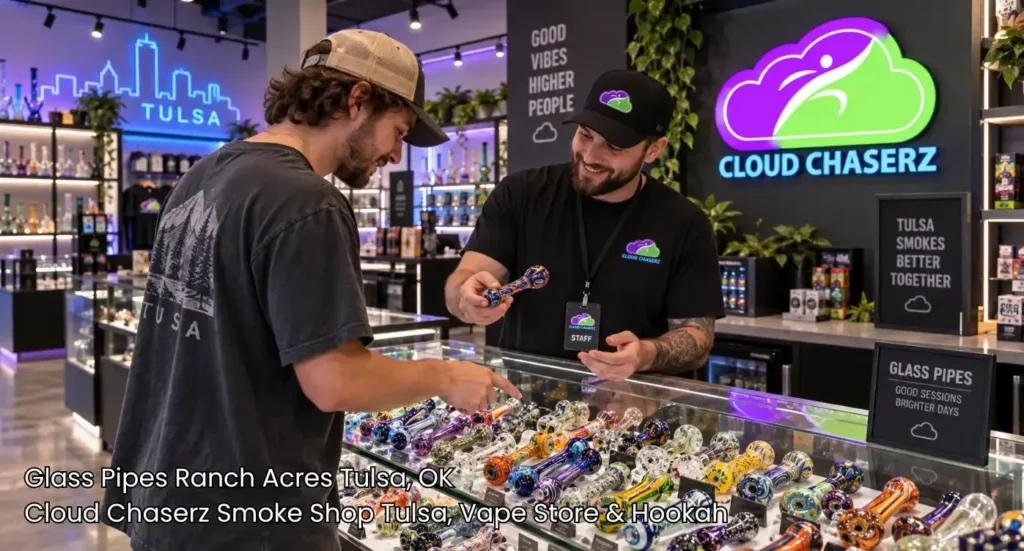 Store clerk showing colorful handblown glass pipes Tulsa selection to a customer at Cloud Chaserz Smoke Shop.
