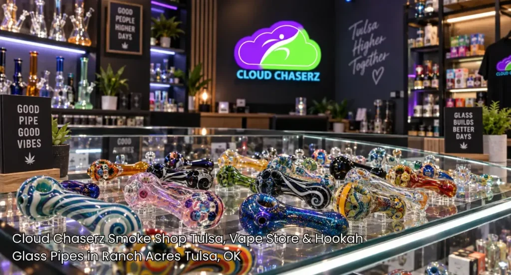 Display case featuring handcrafted colorful glass pipes Tulsa collection at Cloud Chaserz Vape and Smoke Shop. 