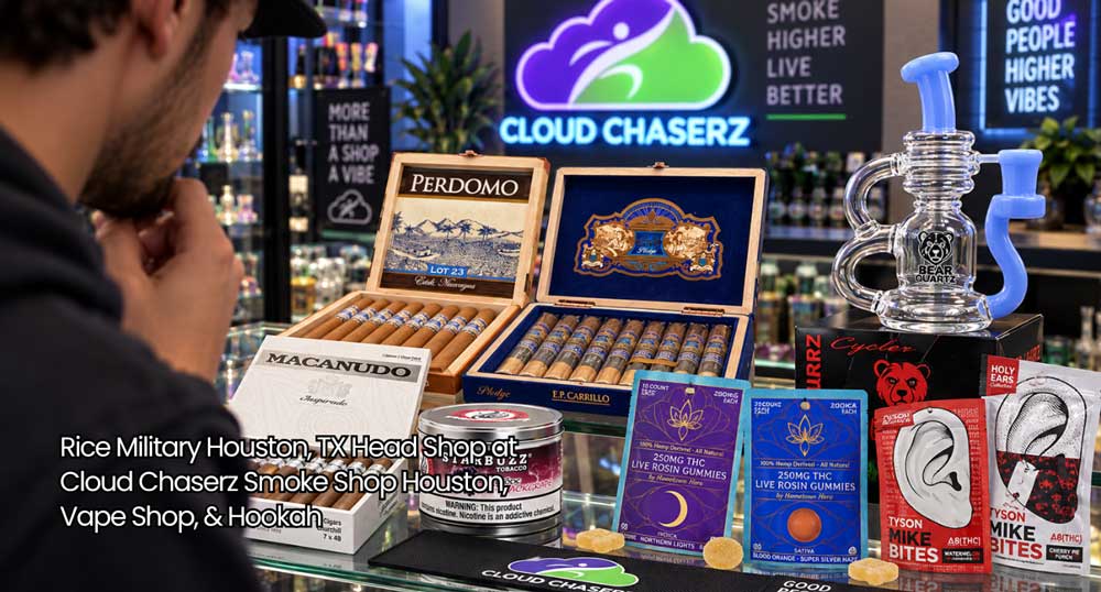 A customer looking over premium cigars and glass water pipes at a modern head shop Houston smokers visit regularly.