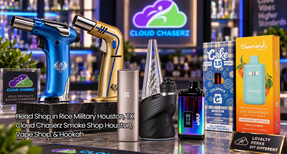 A counter display of vapes, butane torches, and glass rigs at Cloud Chaserz, a top head shop Houston offers for gear.