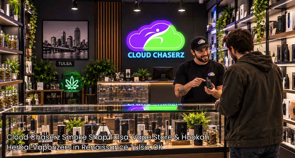 Store clerk demonstrating a portable vape at Cloud Chaserz, a top shop for herbal vaporizers Tulsa vape enthusiasts rely on.