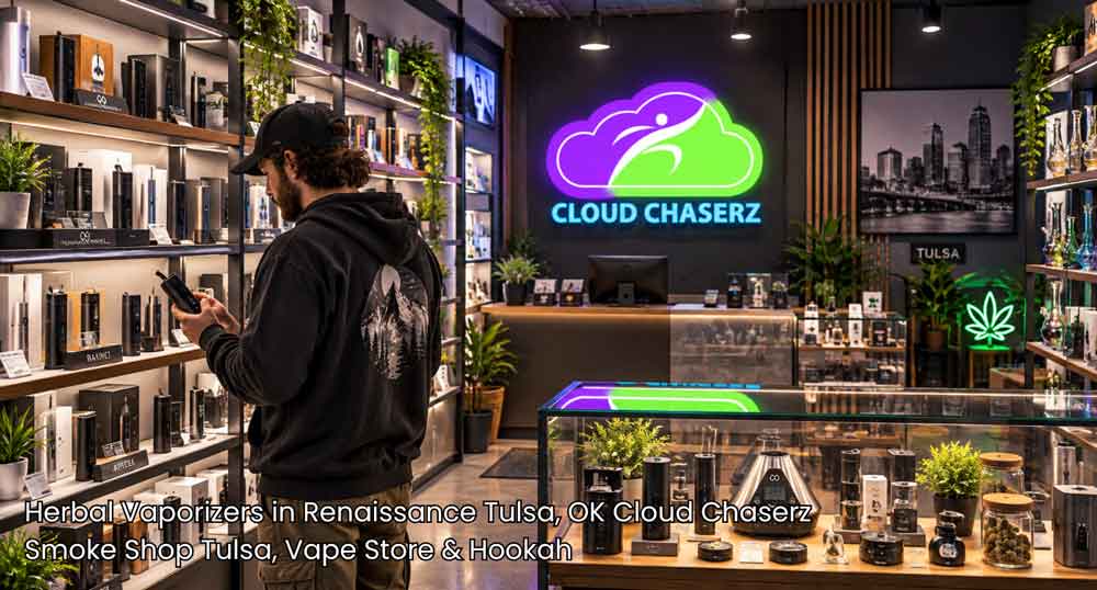 A customer examining dry herb devices at Cloud Chaserz, the leading spot for high-quality herbal vaporizers Tulsa offers.