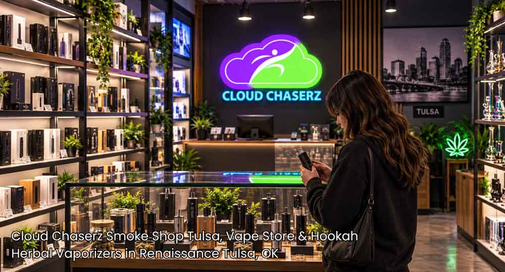 A shopper reviewing handheld vaping gear inside Cloud Chaserz, stocking the finest herbal vaporizers Tulsa locals recommend.