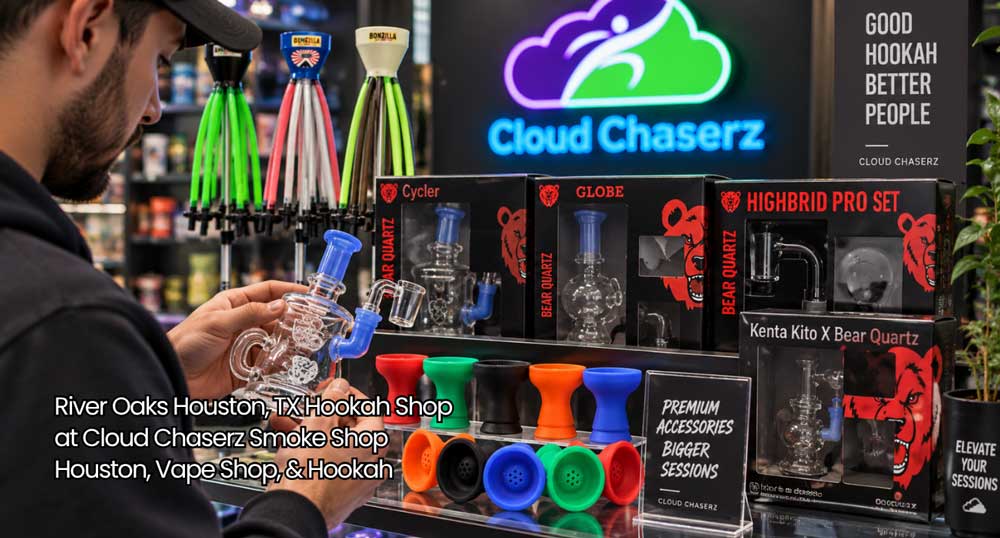 Customer holding and examining a clear glass attachment at Cloud Chaserz hookah shop Houston in River Oaks.