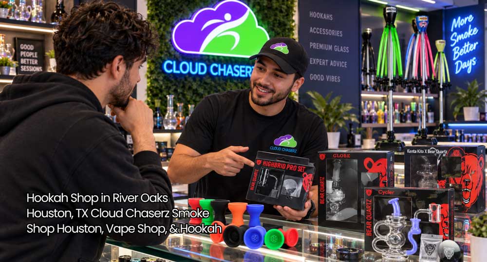 Store associate recommending glass accessories to a customer inside a modern hookah shop Houston store.