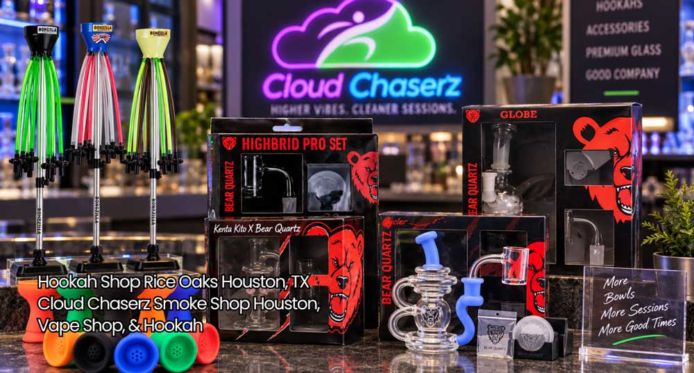 Premium glass bowls and high-end smoking gear on display at Cloud Chaserz hookah shop Houston location.