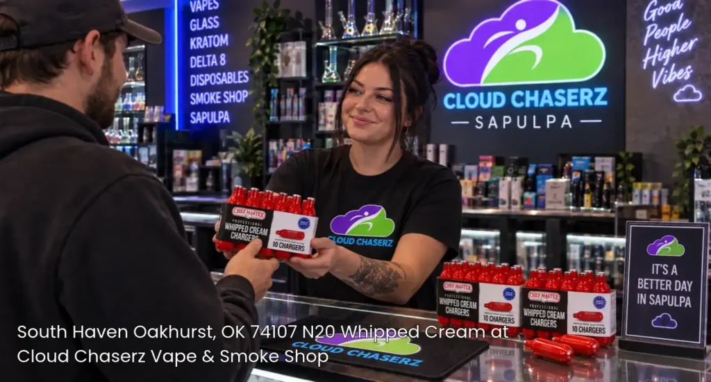 Friendly employee handing whipped cream charger packs to a customer at Cloud Chaserz, the leading source for N20 Sapulpa. 