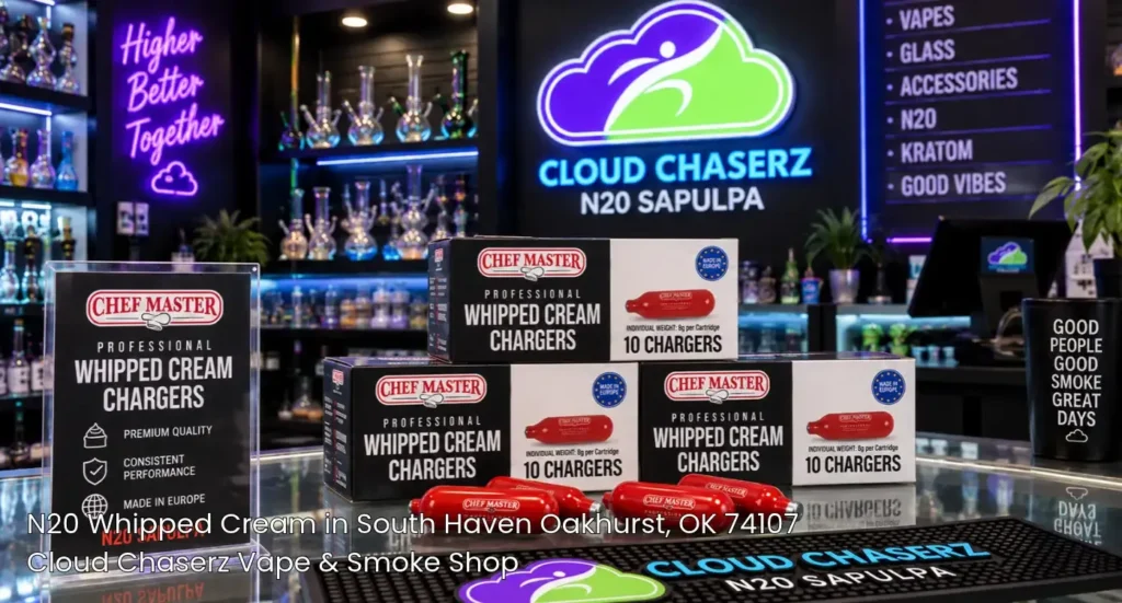 Boxes of Chef Master professional whipped cream chargers stocked inside Cloud Chaserz, offering premier N20 Sapulpa. 