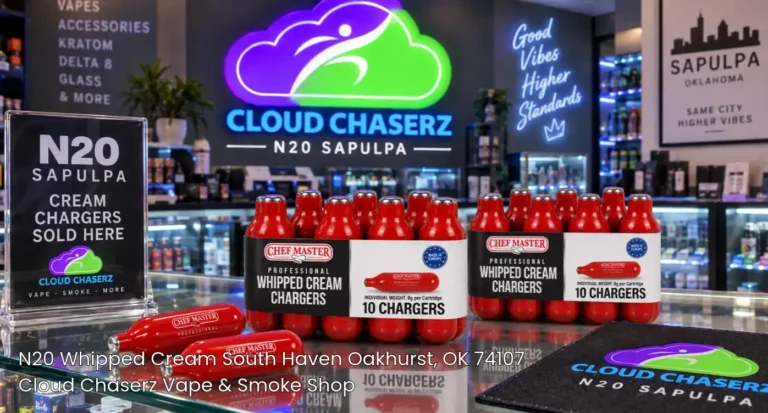 ALT TEXT Chef Master whipped cream chargers arranged on a glass display counter at Cloud Chaserz, your top spot for N20 Sapulpa.