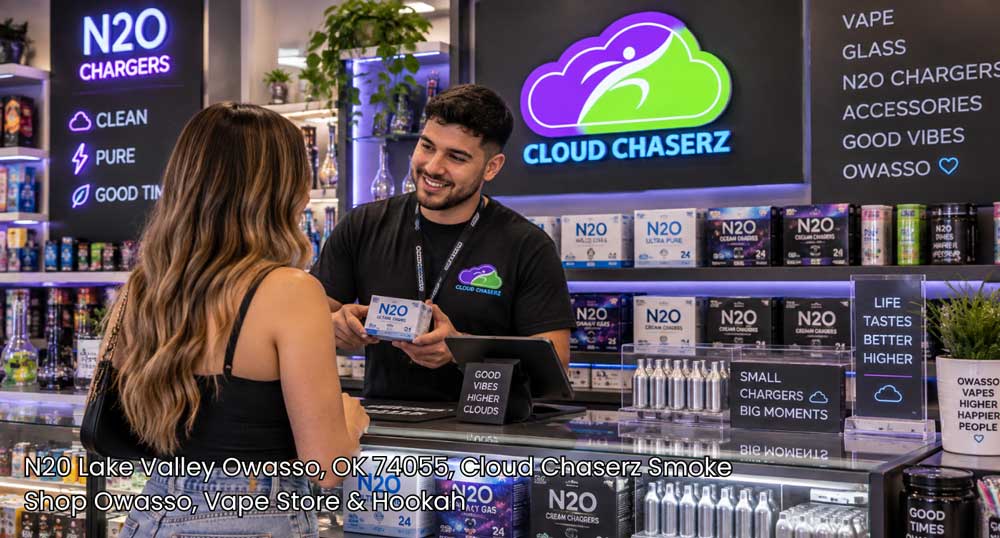 Friendly staff assisting a customer with N2O chargers at Cloud Chaserz, the premier source for N2O Owasso supplies.