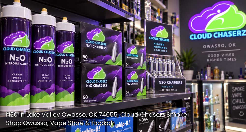 Interior view of Cloud Chaserz displaying fully stocked shelves of N2O Owasso whip cream chargers and accessories.