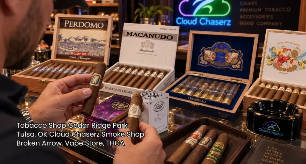 Customer inspecting premium cigars at Cloud Chaserz, a top tobacco shop Broken Arrow store offering quality rolls.