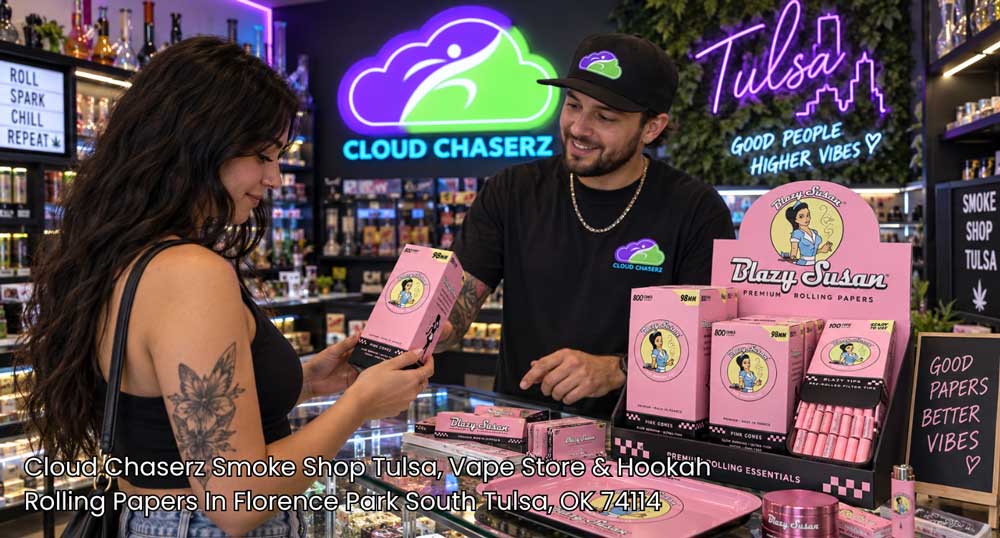 Store employee handing pink cone packs to a shopper at Cloud Chaserz, a premier shop for rolling papers Tulsa enthusiasts trust.