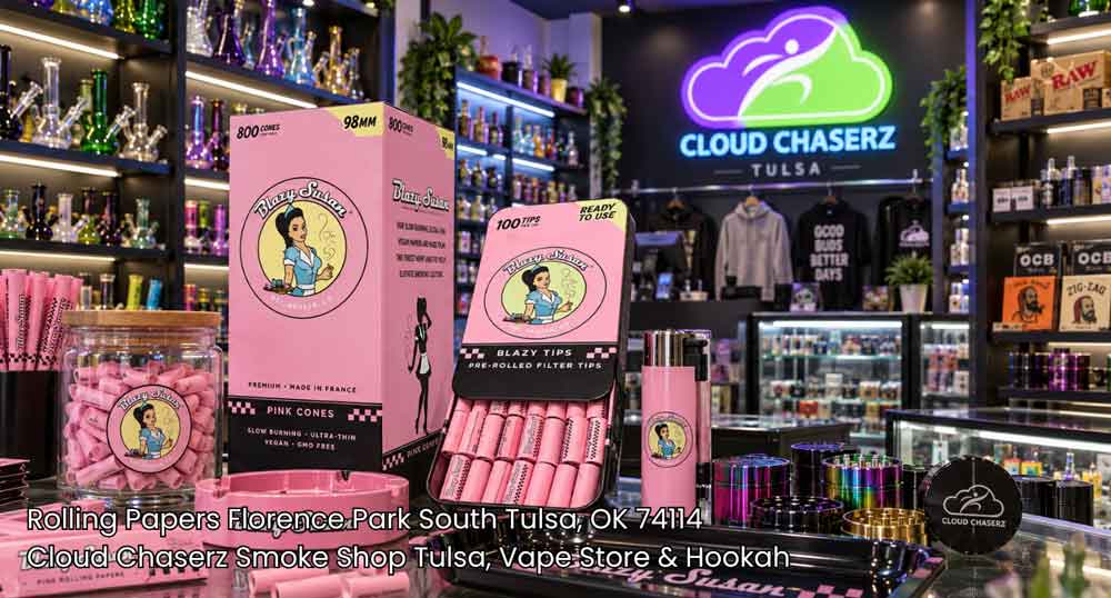 Premium Blazy Susan pink cones and filter tips displayed at Cloud Chaserz, the top spot for rolling papers Tulsa offers.