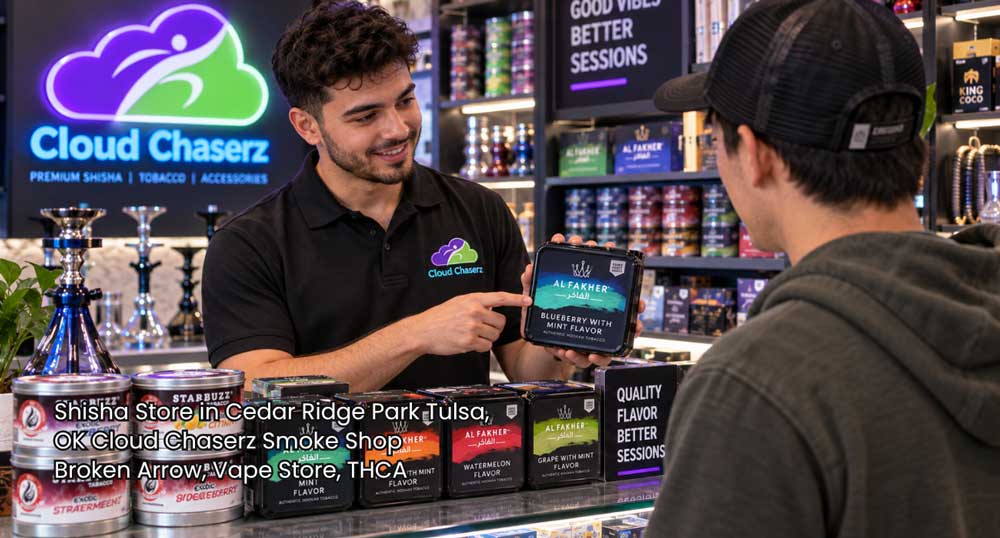 Store employee helping a customer choose premium hookah tobacco flavors at a shisha store Broken Arrow.