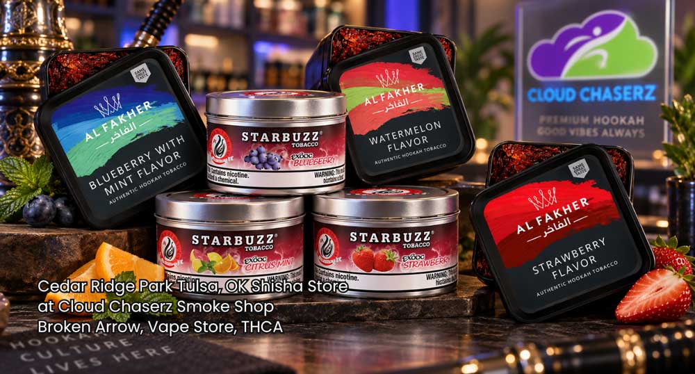 Display of premium Al Fakher and Starbuzz hookah tobacco products available at a shisha store Broken Arrow.