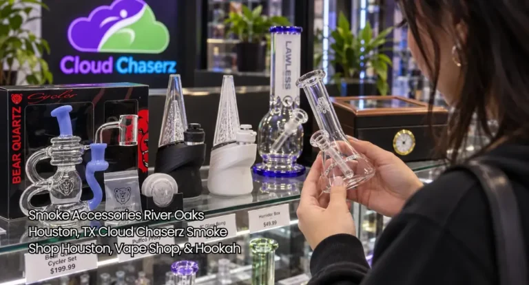 Customer inspecting glass rig pieces on display inside local Cloud Chaserz shop featuring smoke accessories Houston