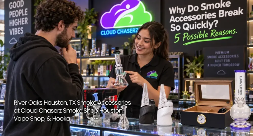 Store employee pointing out durable features of glass pipe to customer browsing smoke accessories Houston shop.
