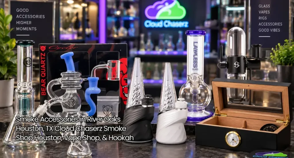 Premium collection of glass bongs rigs and humidor boxes on counter showcasing smoke accessories Houston selections. 