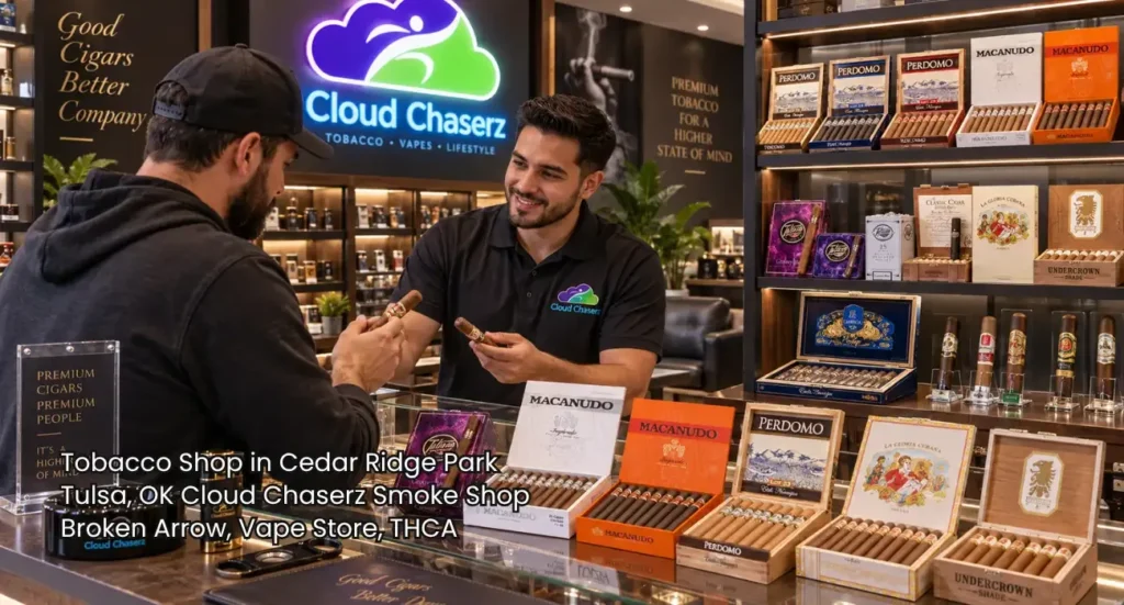 Friendly staff helping a customer choose fine cigars inside Cloud Chaserz tobacco shop Broken Arrow location. 