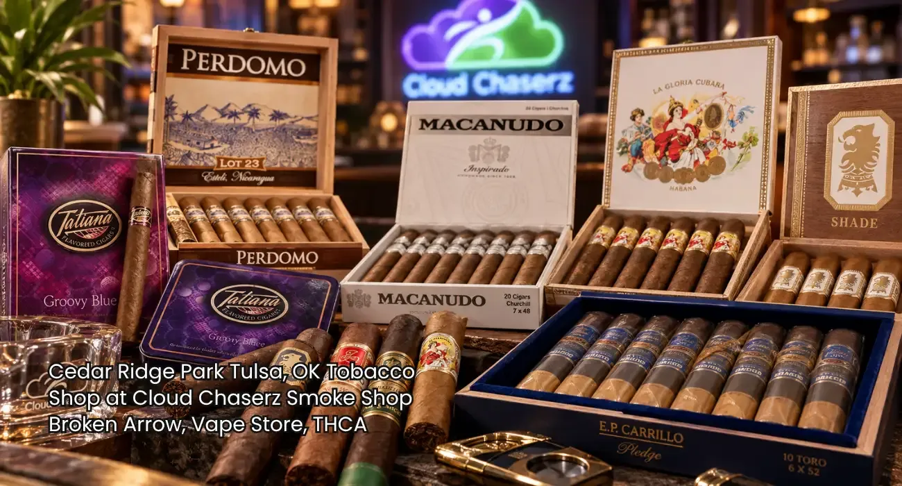 Extensive collection of boxed cigars on display at Cloud Chaserz, the premier tobacco shop Broken Arrow store.