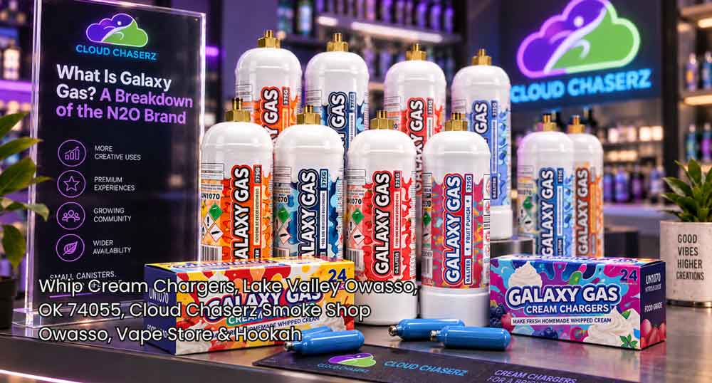 Galaxy Gas tanks and whipped cream charger boxes displayed on counter for premium whip cream chargers Owasso selection.
