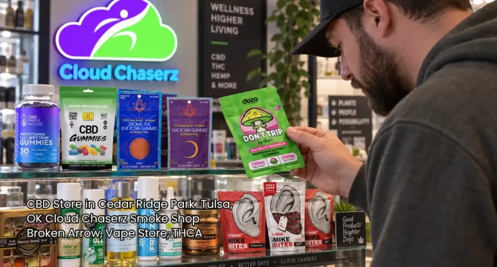Customer inspecting top-tier wellness edibles at Cloud Chaserz, a top-rated cbd store broken arrow location for shoppers. 