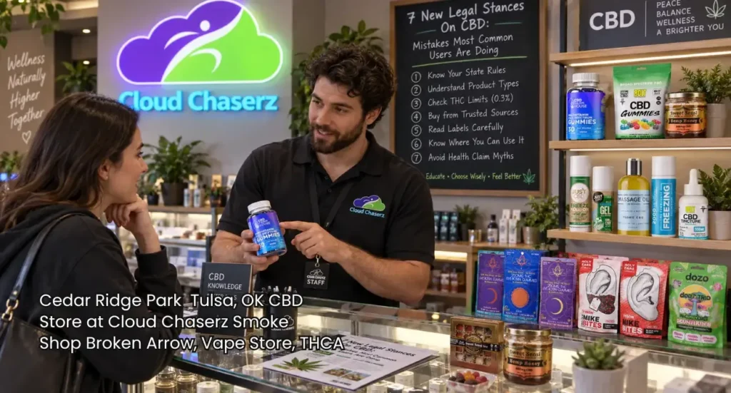 Store clerk helping a customer select full-spectrum gummies at Cloud Chaserz, your local cbd store broken arrow destination.