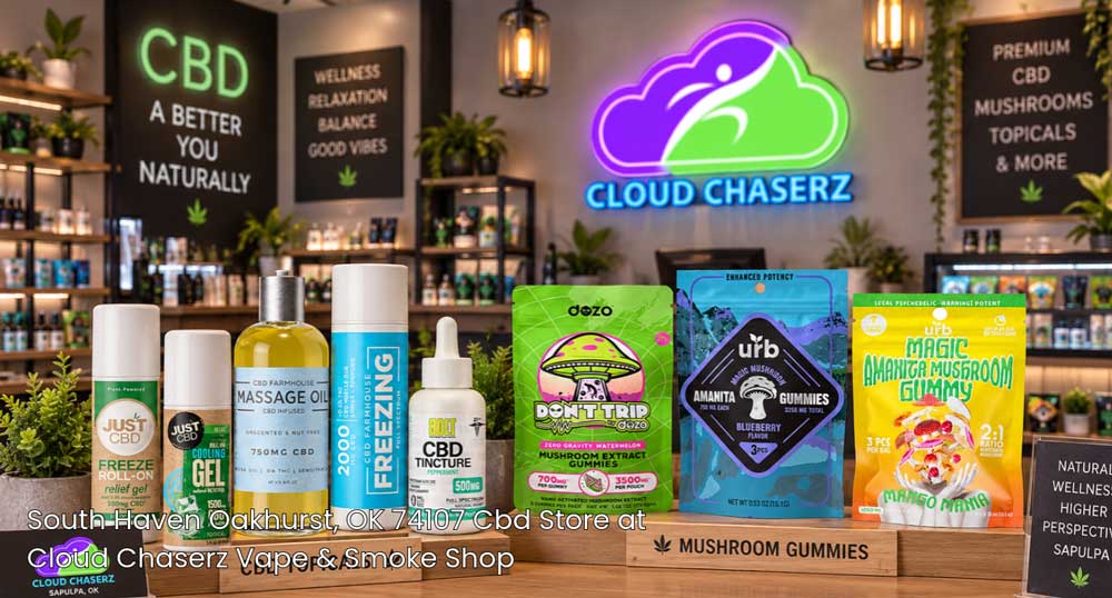 Assortment of CBD tinctures, oils, and gummies lined up on display at Cloud Chaserz, a top-rated CBD store Sapulpa.