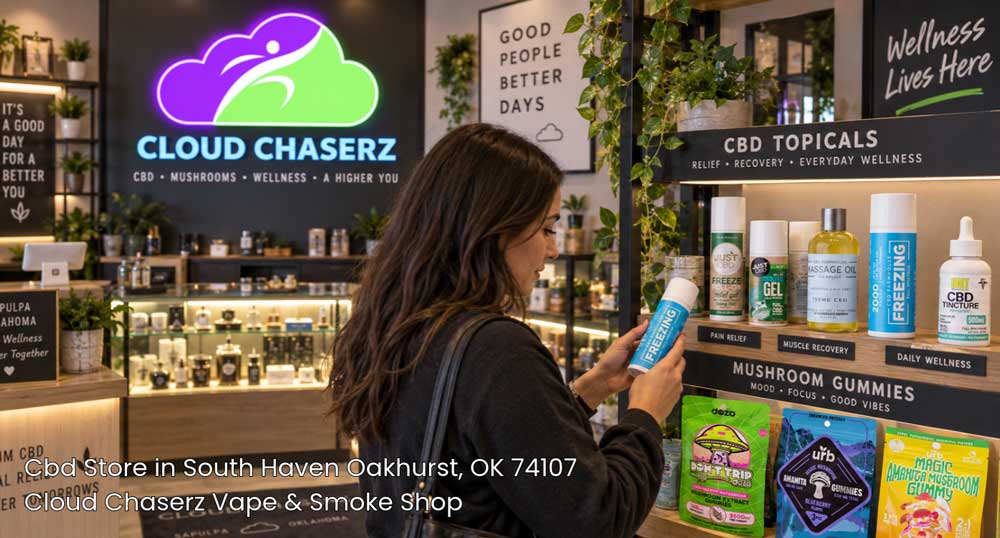 Customer inspecting pain relief freeze gel options at Cloud Chaserz, your trusted local CBD store Sapulpa destination.