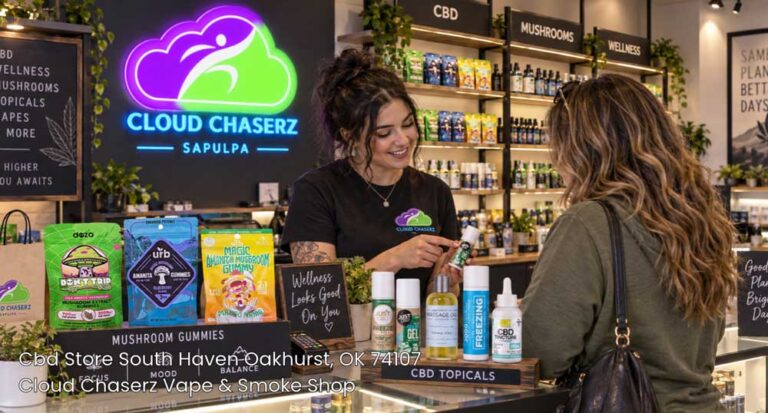 Friendly employee assisting a customer with topical products at Cloud Chaserz, the premier CBD store Sapulpa offers.