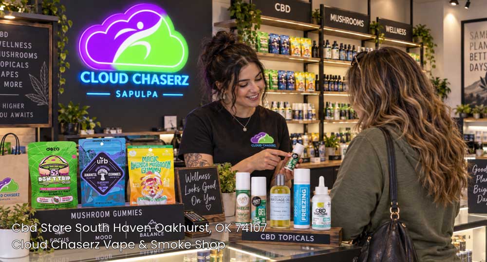 Friendly employee assisting a customer with topical products at Cloud Chaserz, the premier CBD store Sapulpa offers.