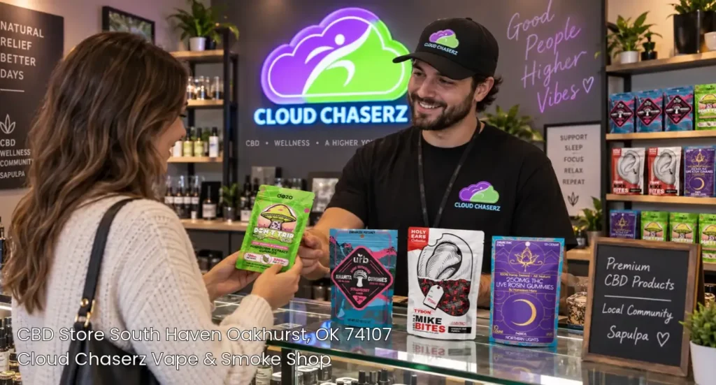 Customer browsing wellness edibles with a helpful clerk at Cloud Chaserz, a premier CBD store Sapulpa residents trust.