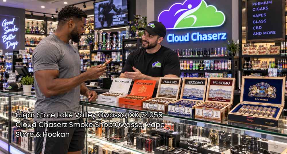 Athlete discussing premium cigars with a Cloud Chaserz employee at a cigar store Owasso, featuring Macanudo and Perdomo.