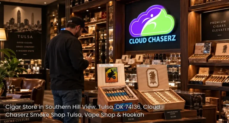 Customer browsing premium tobacco selections inside a luxury cigar store tulsa display featuring open cigar boxes.