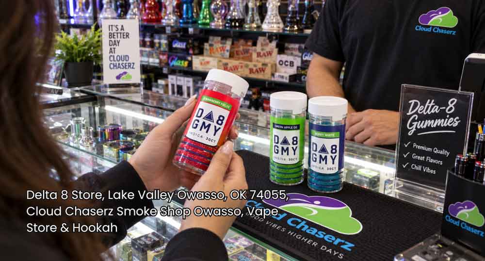 Customer inspecting jars of premium hemp gummies at Cloud Chaserz, the premier delta-8-store-owasso location.