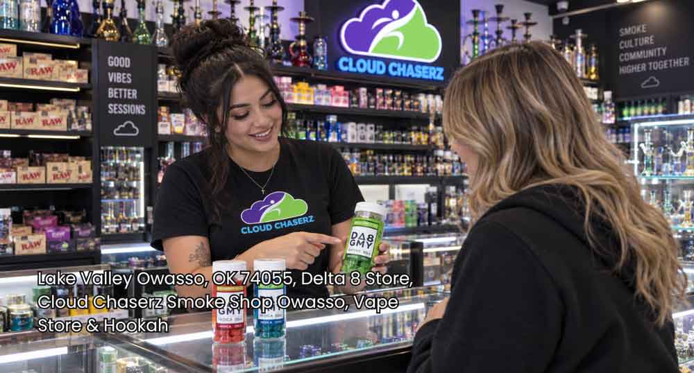 Store clerk recommending hemp gummy products to a customer at Cloud Chaserz, your local delta-8-store-owasso.