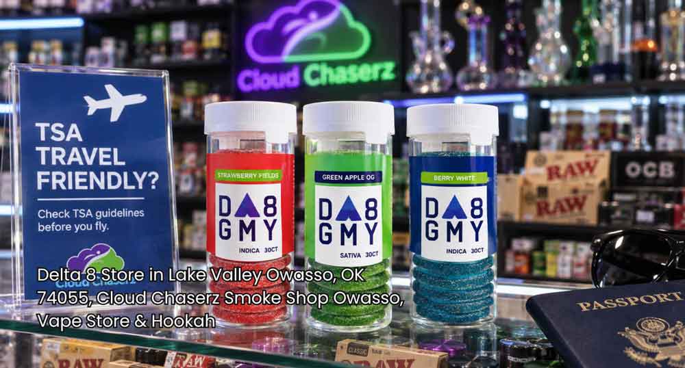 Selection of DA8 GMY hemp gummies set on display counter inside Cloud Chaserz, a top delta-8-store-owasso shop.