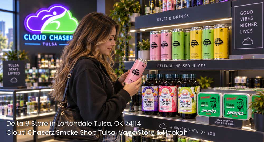 Customer selecting premium Delta 8 infused drinks and edibles inside Cloud Chaserz, the premier delta 8 store tulsa.